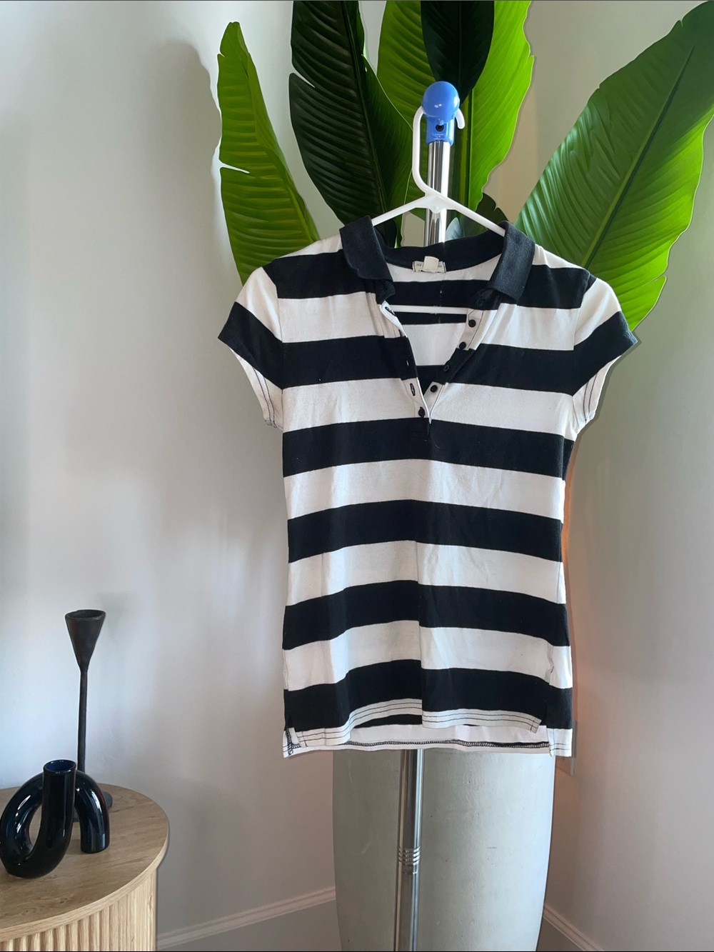 Zenana Outfitters Black and White Striped Polo Tee